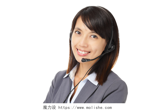 戴着耳机微笑服务的客服人员耳机的亚洲业务客户服务女人